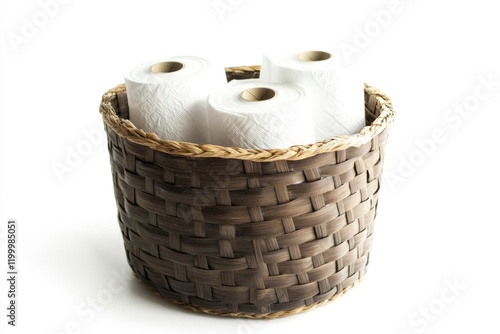 Two rolls of toilet paper stored in a wicker basket photo