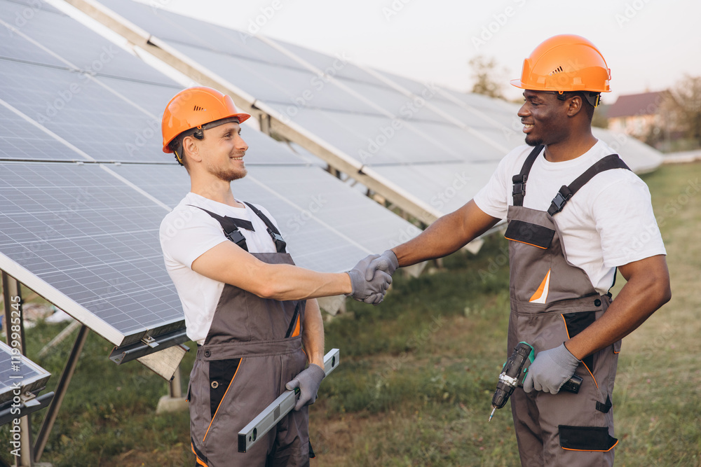Two Engineers Shaking Hands Near Solar Panels in Field Two Engineers Shaking Hands Near Solar Panels in Field