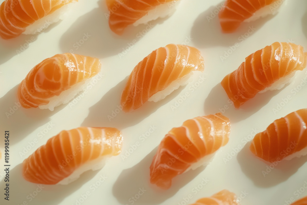 Salmon sushi pieces arranged on a white plate Salmon sushi pieces arranged on a white plate