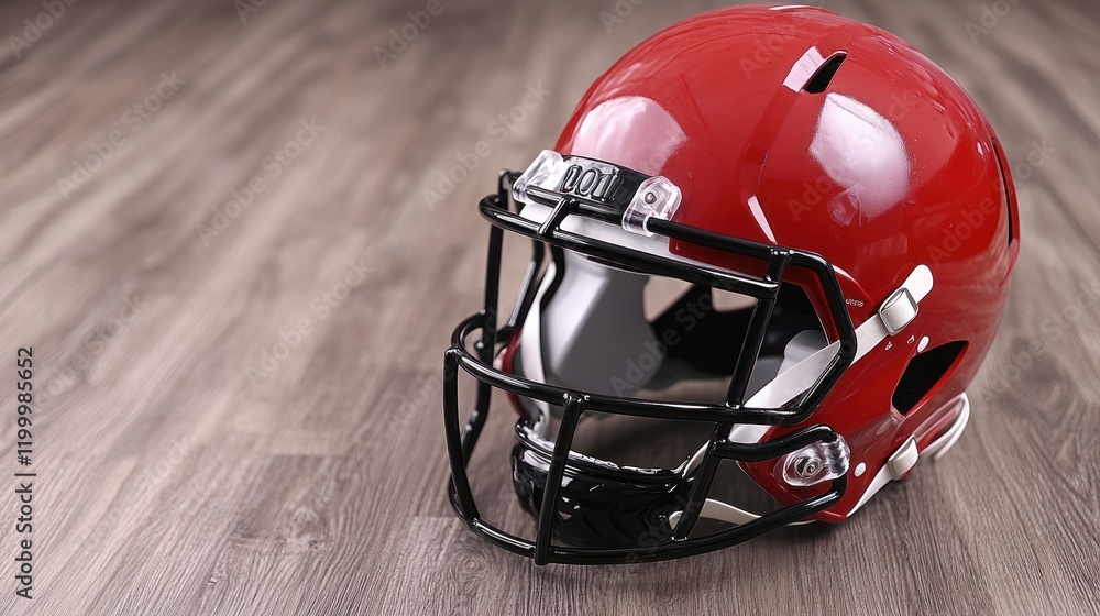 Fototapeta premium Red Football Helmet on Wooden Floor