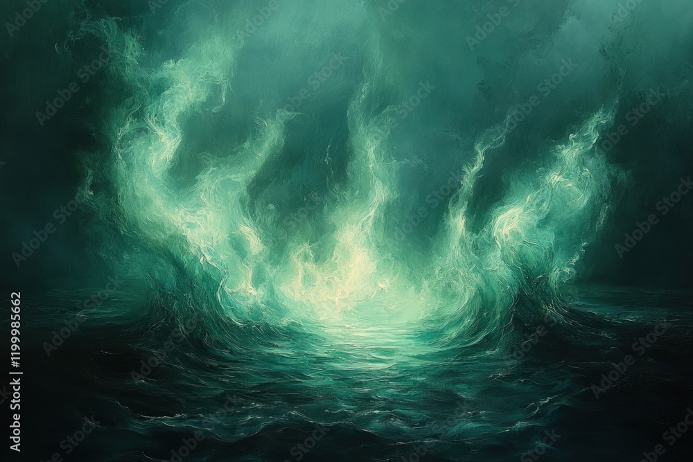 Ethereal green flames erupt from dark sea. Ethereal green flames erupt from dark sea.