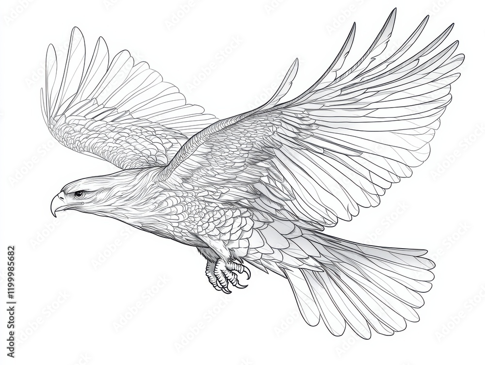 Obraz premium A soaring eagle with wings fully spread, in a dynamic mid-flight pose, crisp outlines and bold strokes highlighting its feathers
