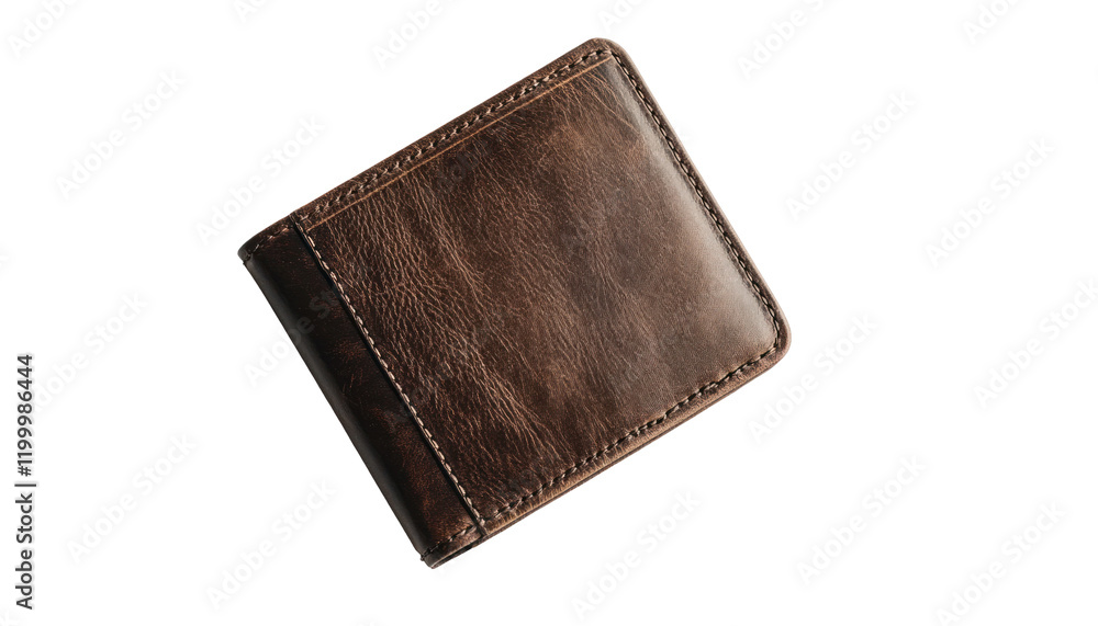 A high angle close up shot of a small brown leather wallet against a black background. A high angle close up shot of a small brown leather wallet against a black background.