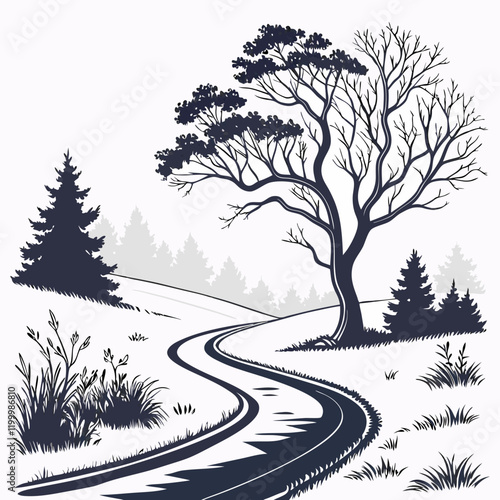 Winter Trail vector silhouette black design white background