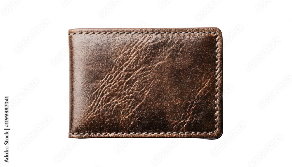 A high-resolution close-up image showcases a brown leather wallet with detailed textural features and visible stitching.