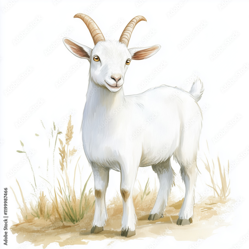 Illustration of the Domestic Goat, soft watercolor tones, white background, detailed illustration, cartoonish. Illustration of the Domestic Goat, soft watercolor tones, white background, detailed illustration, cartoonish.