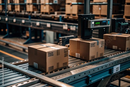 Logistics. Intelligent, automatic packaging of parcels in a warehouse, tags and QR codes in cardboard boxes for effective tracking, authentication and tracking. photo