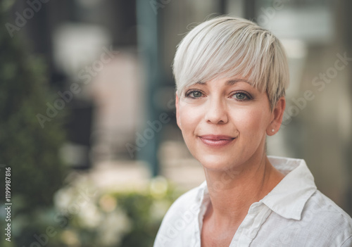 Close-up portrait of european happy blond adult woman with short blond hair. Face of beautiful female person dressed in white summer shirt. Outdoors
