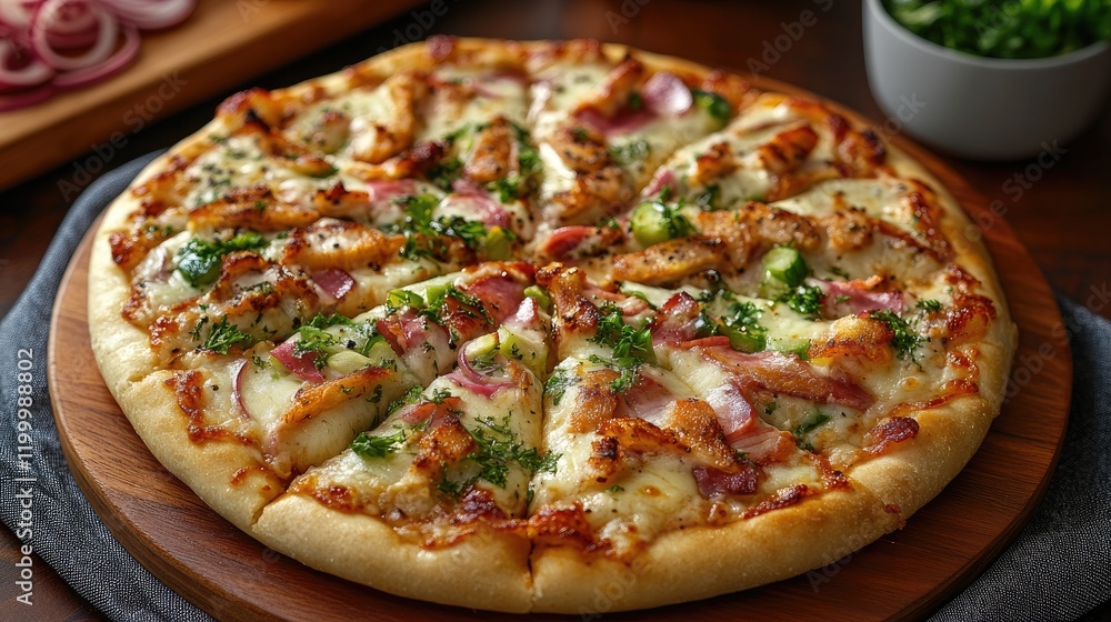 Delicious Homemade Chicken Pizza with Herbs and Onions on Wooden Board Delicious Homemade Chicken Pizza with Herbs and Onions on Wooden Board