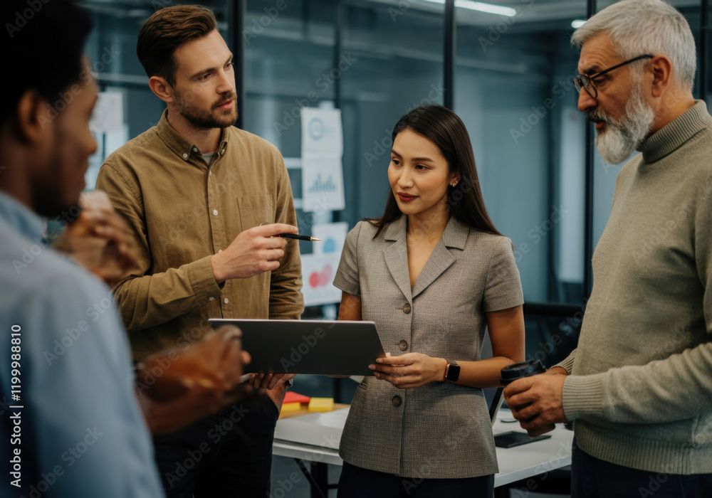 Obraz premium Diverse Team Discussing Project with Laptop