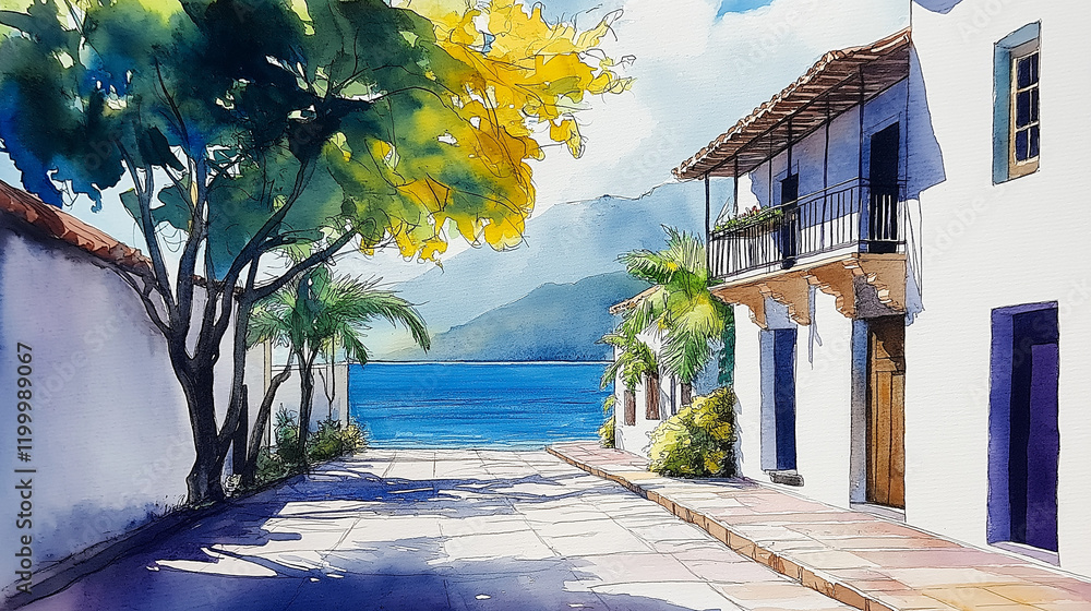 Fototapeta premium Watercolor landscape of a charming coastal street with vibrant trees and a view of the ocean