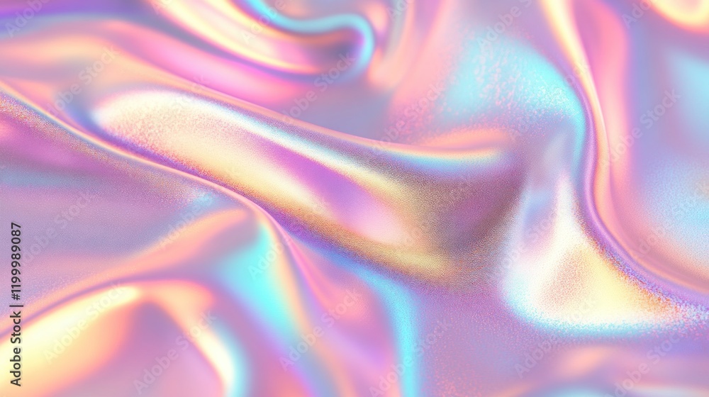 Obraz premium Colorful iridescent, holographic rainbow foil texture background. Iridescent fabric trendy cloth holographic texture purple pink blue metal