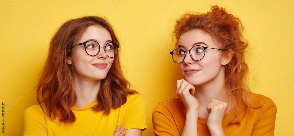 Two women, yellow background, pensive, friendship Two women, yellow background, pensive, friendship
