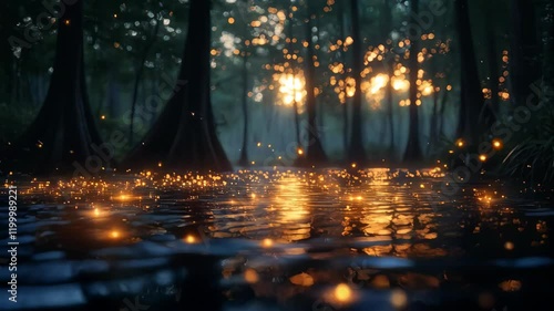 A serene forest scene with glowing fireflies near a calm water surface at sunset, creating a magical atmosphere.