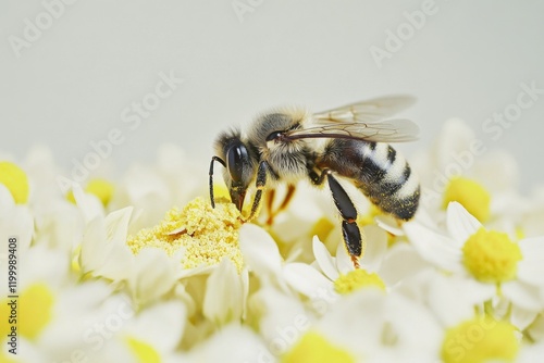 A close-up shot of a bee sitting on the top of a white flower, highlighting its importance in pollination