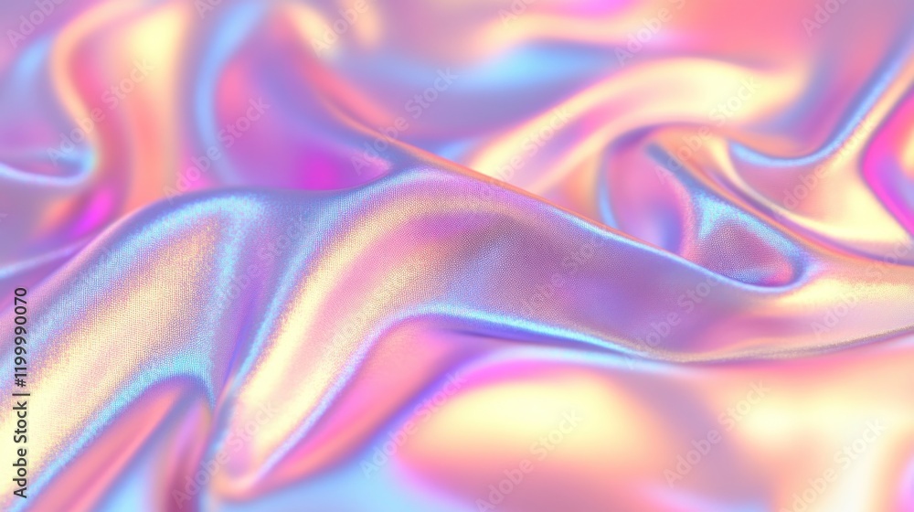 Fototapeta premium Colorful iridescent, holographic rainbow foil texture background. Iridescent fabric trendy cloth holographic texture purple pink blue metal