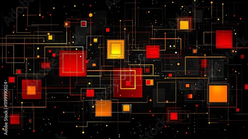 Abstract digital network with glowing red and orange squares and lines on black background.