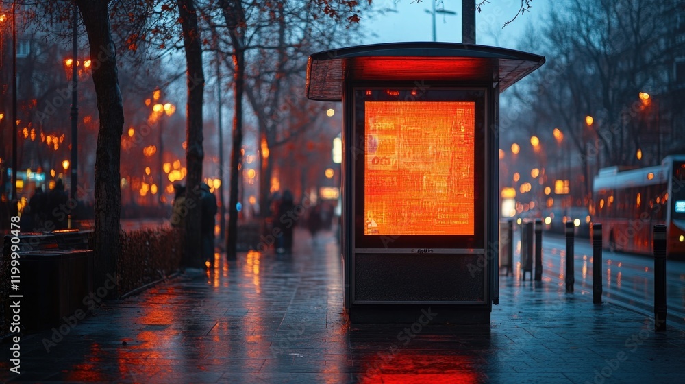 A bus stop with a red traffic light indicating pedestrians are allowed to cross the road A bus stop with a red traffic light indicating pedestrians are allowed to cross the road