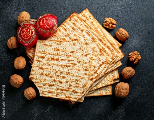 Passover celebration concept. Matzah, red kosher and walnut. Traditional ritual Jewish bread photo