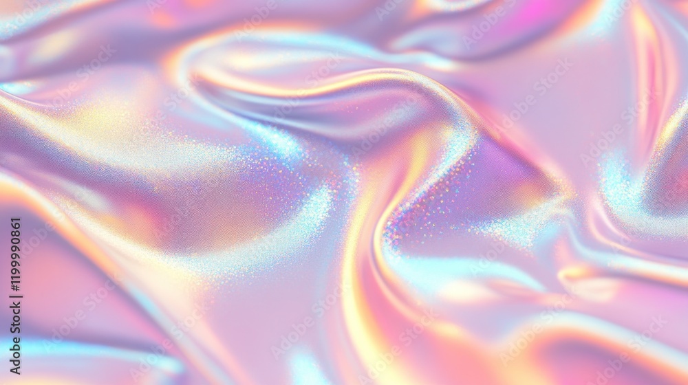 Obraz premium Colorful iridescent, holographic rainbow foil texture background. Iridescent fabric trendy cloth holographic texture purple pink blue metal
