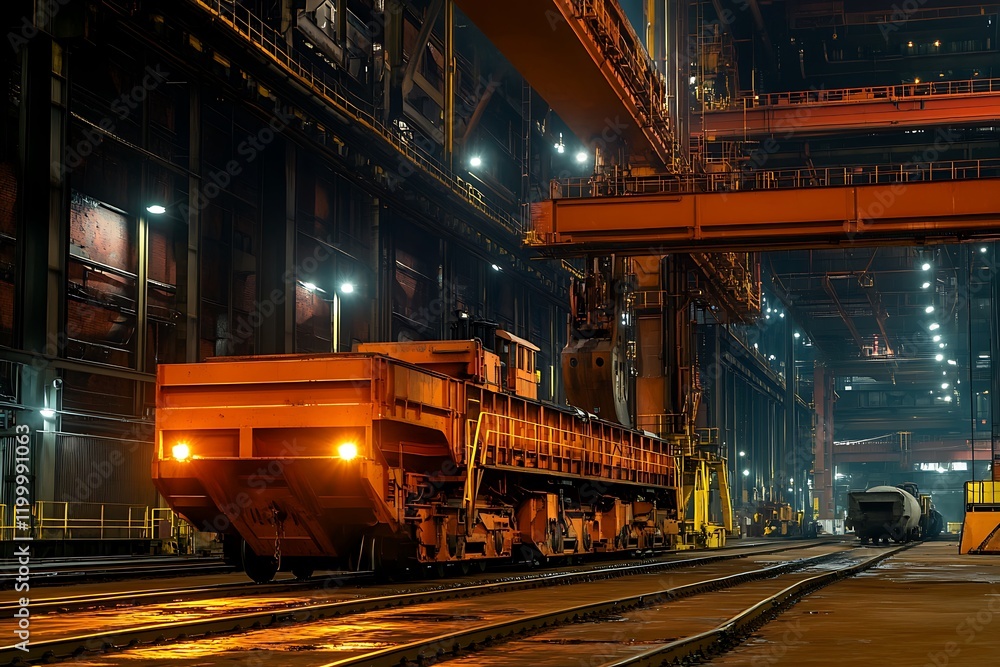Obraz premium Night Shift: Industrial Rail Car Under Crane in Steelworks