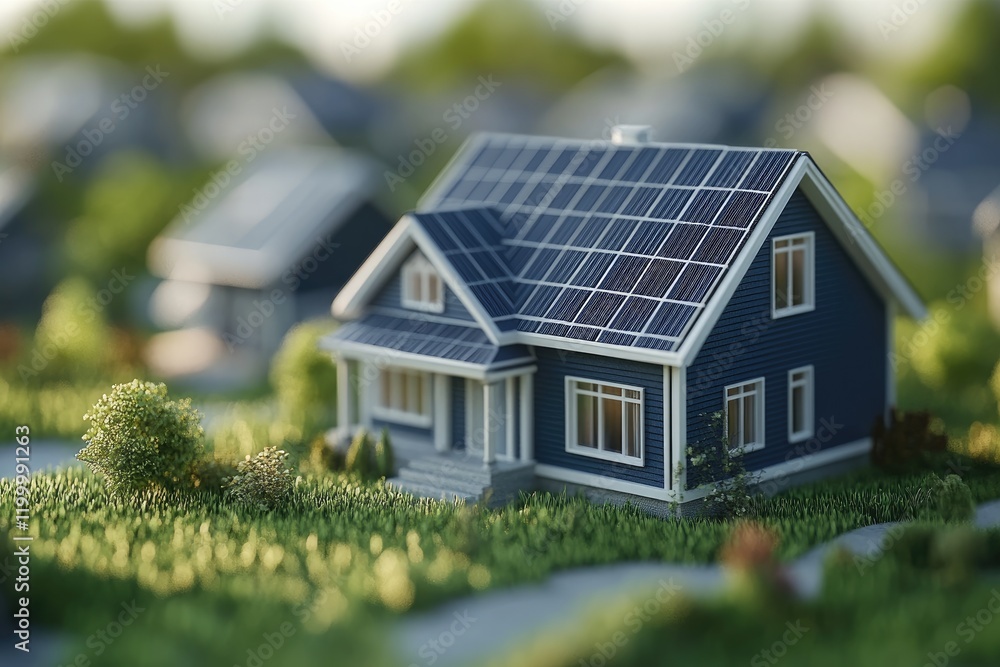 Eco-Friendly Suburban Home with Solar Panels in Scenic Landscape Eco-Friendly Suburban Home with Solar Panels in Scenic Landscape