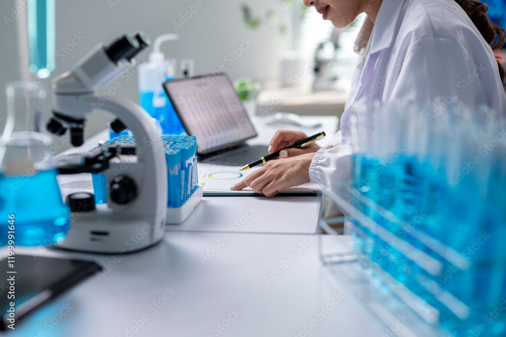 A woman in a lab coat is writing on a piece of paper with a pen A woman in a lab coat is writing on a piece of paper with a pen