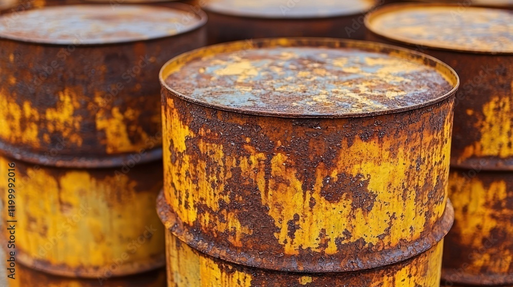 Rusty barrels outdoors, industrial site, pollution. Rusty barrels outdoors, industrial site, pollution.