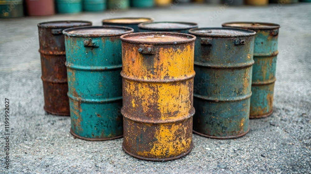 Rusty barrels, storage yard, industrial waste, disposal. Rusty barrels, storage yard, industrial waste, disposal.