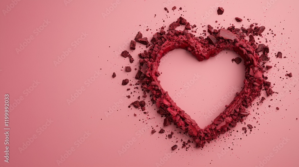 A heart shape made of crushed red material on a soft pink background, symbolizing love and creativity. A heart shape made of crushed red material on a soft pink background, symbolizing love and creativity.
