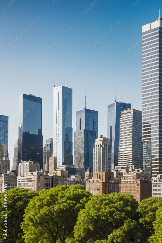 Panoramic Cityscape Featuring Modern Skyscrapers and Green Urban Spaces Panoramic Cityscape Featuring Modern Skyscrapers and Green Urban Spaces