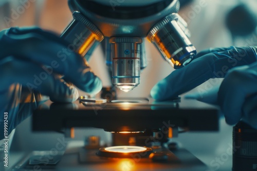 Microscope close-up with scientist hands