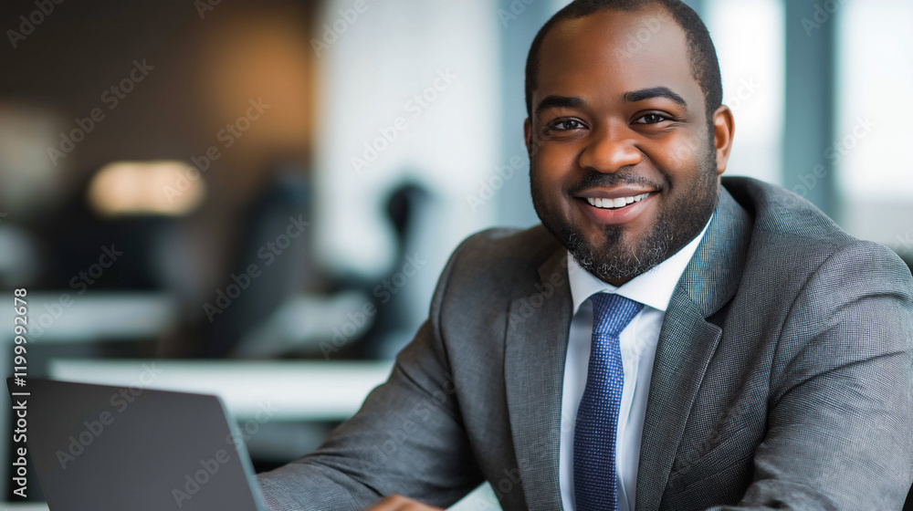 Smiling African-American businessman sitting at desk in modern office, copy space Smiling African-American businessman sitting at desk in modern office, copy space