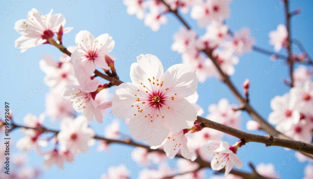 Cherry blossoms blooming under blue sky in serene garden, tranquility Cherry blossoms blooming under blue sky in serene garden, tranquility