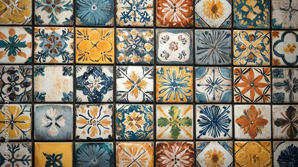 Colorful ceramic tiles arranged in intricate patterns creating a vibrant wall display in a lively setting Colorful ceramic tiles arranged in intricate patterns creating a vibrant wall display in a lively setting