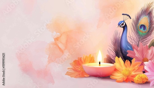 A glowing diya lamp surrounded by vibrant peacock feathers and marigold flowers, set against a soft watercolor background symbolizing Thaipusam photo