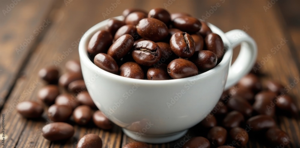 Fototapeta premium Shiny dark brown beans in white cup, smooth wood , grain, smooth