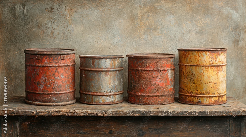 Rusty cans on wood shelf, grunge wall background. Rusty cans on wood shelf, grunge wall background.