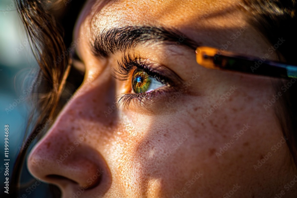 Φωτογραφία A close-up shot of a person's face with a pair of eye glasses, perfect for repre