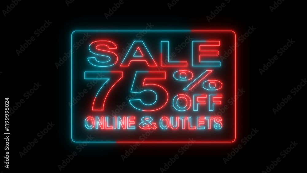 neon 75% off sale online and outlet text illustration on black background. neon 75% off sale online and outlet text illustration on black background.