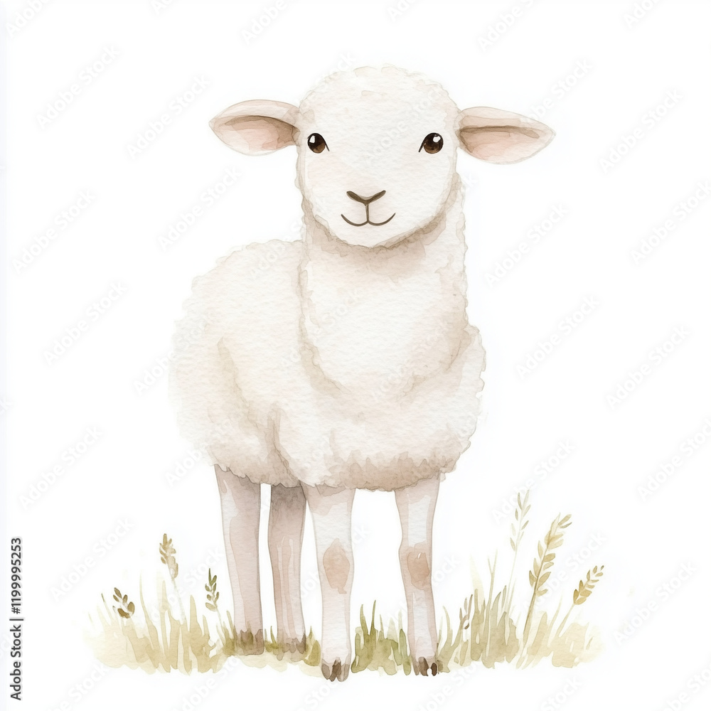 Fototapeta premium Illustration of the Domestic Sheep, soft watercolor tones, white background, detailed illustration, cartoonish.