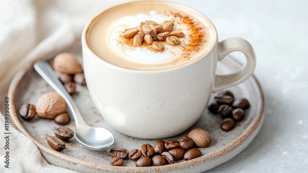Creamy latte art coffee in a beige mug, surrounded by coffee beans and nutmeg on a plate. Creamy latte art coffee in a beige mug, surrounded by coffee beans and nutmeg on a plate.