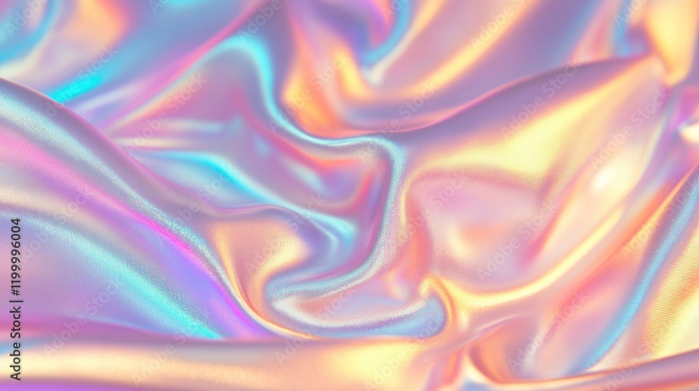 Fototapeta premium Colorful iridescent, holographic rainbow foil texture background. Iridescent fabric trendy cloth holographic texture purple pink blue metal