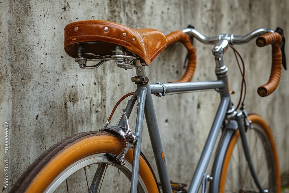 Obraz premium A close-up shot of a bicycle leaning against a wall, perfect for use in a context where you need to highlight a bike or a specific part of one