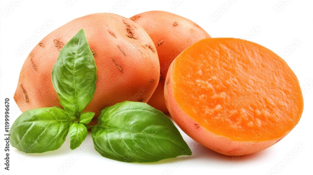Fresh Orange Sweet Potato with Green Basil Leaves on White Background Fresh Orange Sweet Potato with Green Basil Leaves on White Background