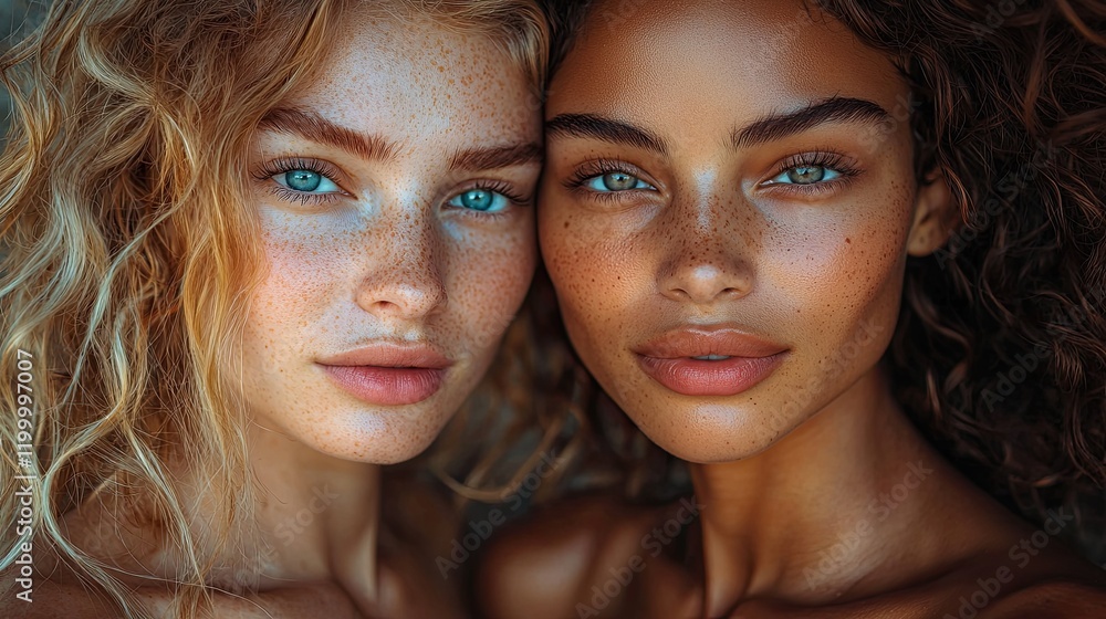 Fototapeta premium Two women with beautiful skin and striking blue eyes pose closely together, showcasing their natural beauty in soft lighting