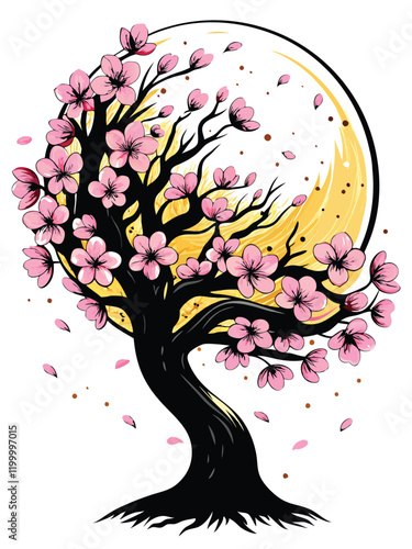 A delicate cherry blossom tree with soft pink petals gently falling to the ground, creating a beautiful and serene scene.