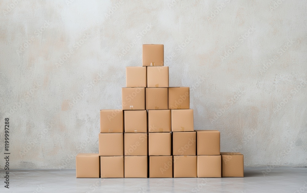 Multiple brown packages arranged in a pyramid, ready for delivery or storage, representing efficient packaging and distribution Multiple brown packages arranged in a pyramid, ready for delivery or storage, representing efficient packaging and distribution
