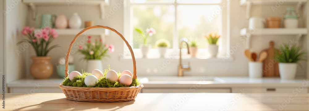 Easter basket with eggs and tulips on a kitchen windowsill Easter basket with eggs and tulips on a kitchen windowsill