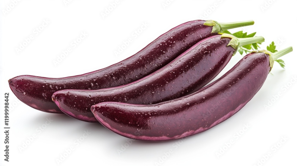 Fresh Purple Eggplant Vegetables with Water Droplets on White Background Fresh Purple Eggplant Vegetables with Water Droplets on White Background